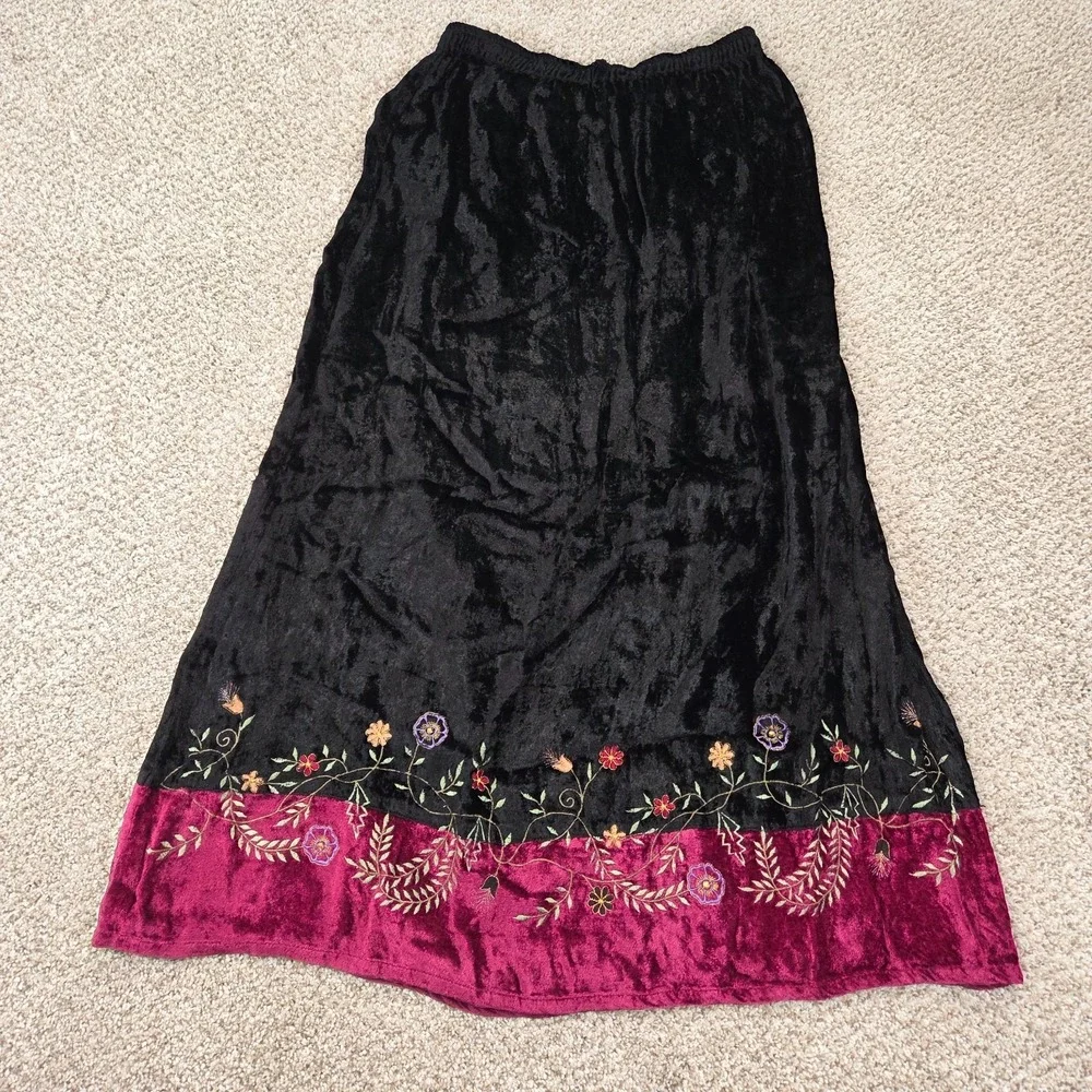 VTG White Stag Midi Skirt Whimsigoth Crushed Velvet Embroidered Floral Trim M - Picture 1 of 6